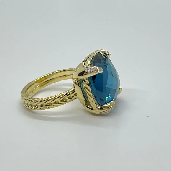 David Yurman Chatelaine Ring 18K Yellow Gold,Hampton Blue Topaz & Diamonds, 14mm - Picture 6 of 9